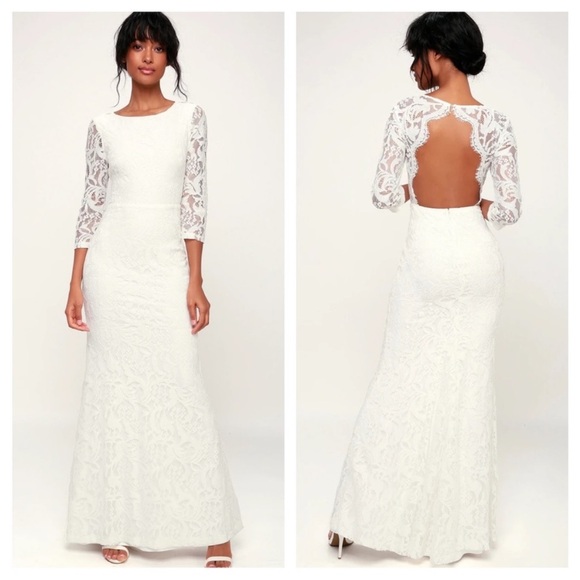 NEW Lulu's Adley White Lace Three-Quarter Backless Maxi Dress Size Small NWT - Picture 1 of 9